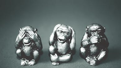 Black and white photo of three wise monkeys figurines showing the hear no evil, see no evil, speak no evil poses.