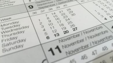 Detailed close-up of a calendar displaying months in several languages.