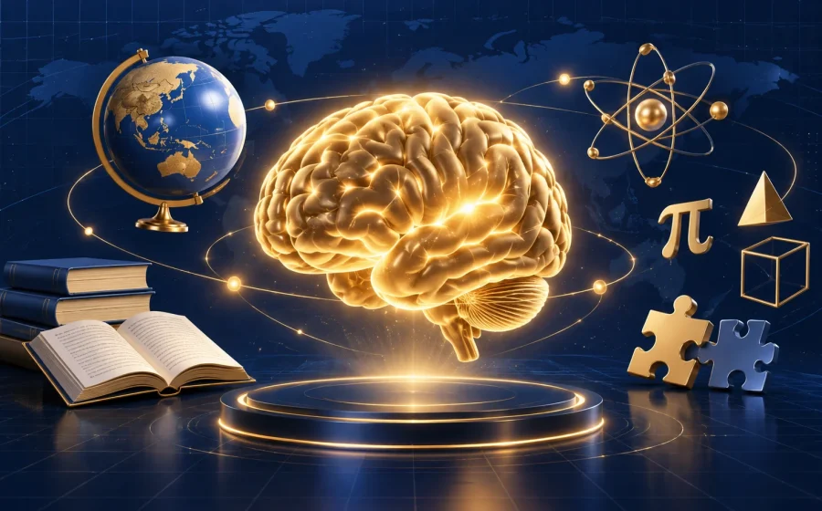 金色大腦結合地球、書本與科學符號的綜合知識測驗主圖