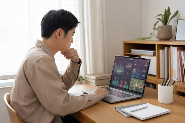 成年使用者在明亮書桌前查看線上遊戲介面資訊