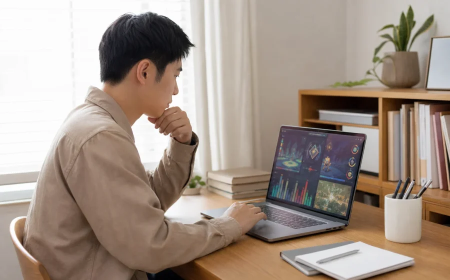 成年使用者在明亮書桌前查看線上遊戲介面資訊