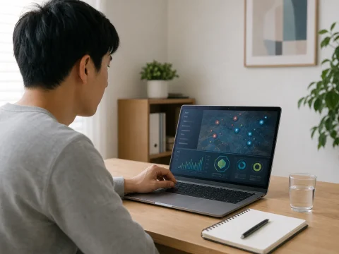 使用者在明亮書桌前仔細查看線上遊戲介面