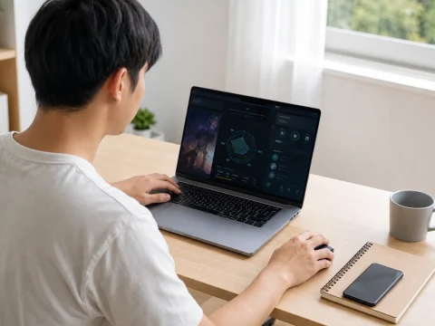 使用者在筆記型電腦上核對線上電子遊戲資訊