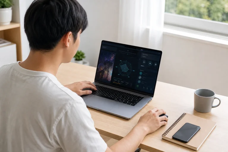 使用者在筆記型電腦上核對線上電子遊戲資訊