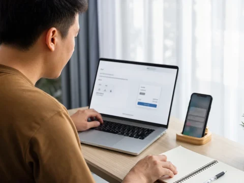 使用者在自然光下核對線上付款資訊與交易通知