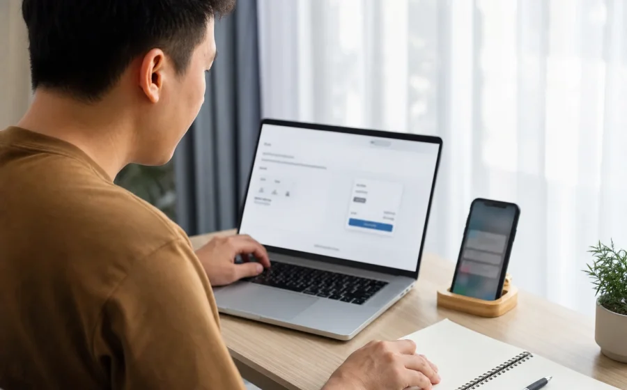 使用者在自然光下核對線上付款資訊與交易通知