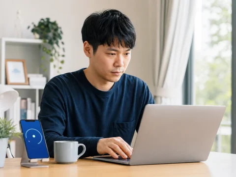 使用筆記型電腦與手機檢查帳號安全設定的情境