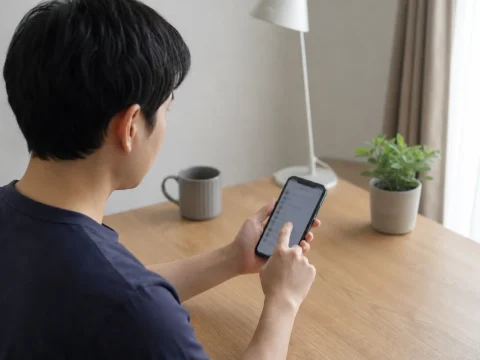 使用者在明亮桌面上檢查手機隱私權限設定
