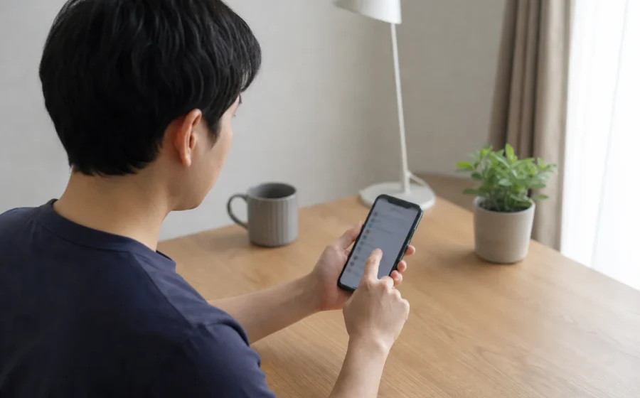 使用者在明亮桌面上檢查手機隱私權限設定