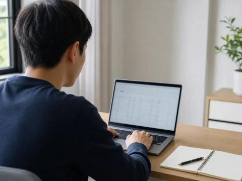 使用筆記型電腦核對數位紀錄的整潔書桌場景