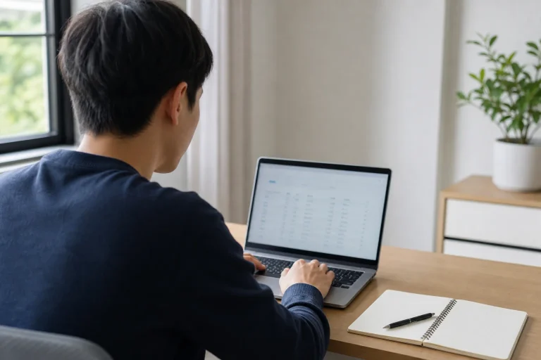 使用筆記型電腦核對數位紀錄的整潔書桌場景