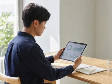 成年使用者在自然光書桌前閱讀遊戲資訊
