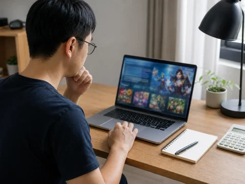 讀者在桌前閱讀線上電子遊戲活動條款並做筆記