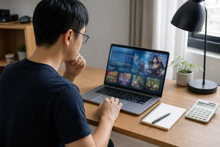 讀者在桌前閱讀線上電子遊戲活動條款並做筆記
