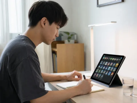 使用者在書桌前查閱電子遊戲特殊符號規則