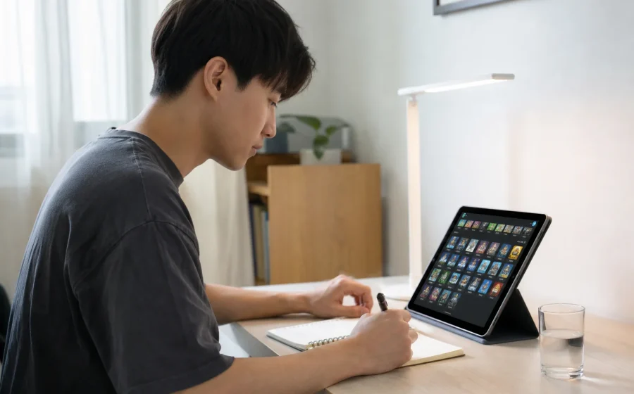 使用者在書桌前查閱電子遊戲特殊符號規則