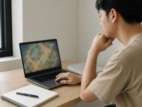 成年使用者在書桌前閱讀線上電子遊戲規則資訊