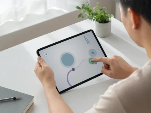 成年使用者在平板上檢查線上電子遊戲的自動旋轉控制介面