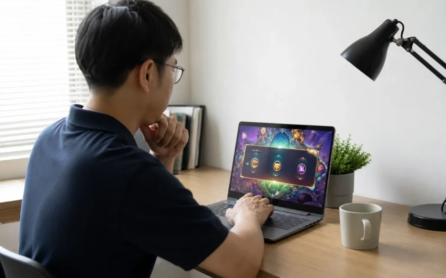 成年人在明亮書桌前使用筆電了解電子遊戲試玩介面