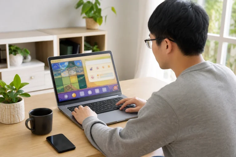 使用筆記型電腦閱讀線上電子遊戲試玩模式規則的情境
