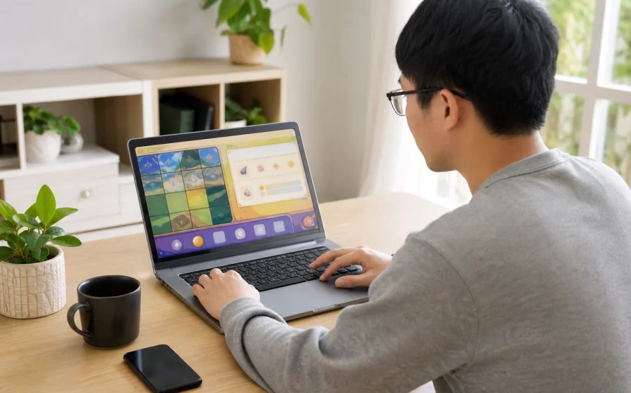 使用筆記型電腦閱讀線上電子遊戲試玩模式規則的情境