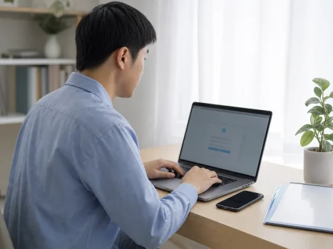 使用者在居家書桌前確認線上帳戶驗證資訊