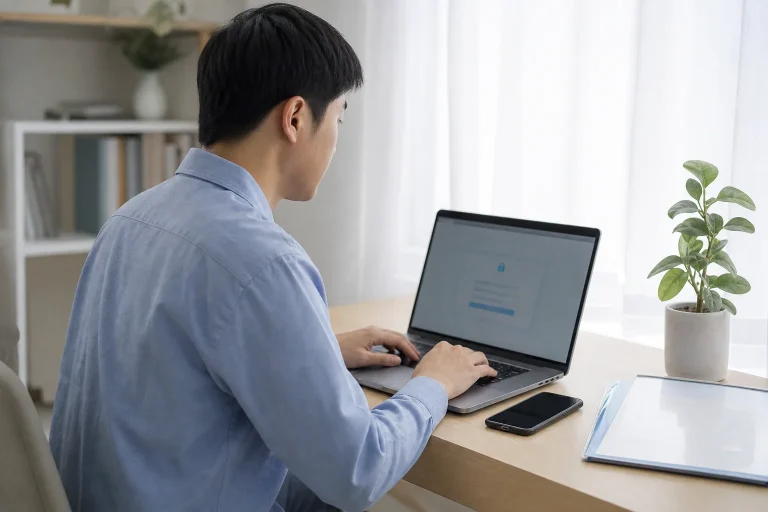 使用者在居家書桌前確認線上帳戶驗證資訊
