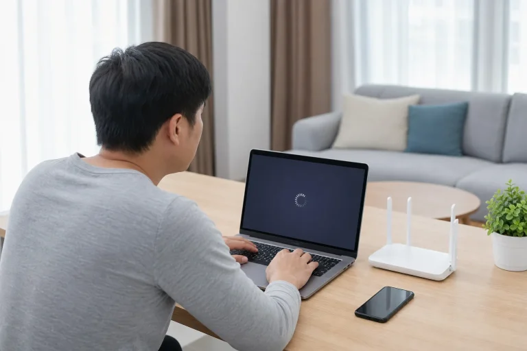 使用筆記型電腦檢查線上遊戲載入狀況的情境