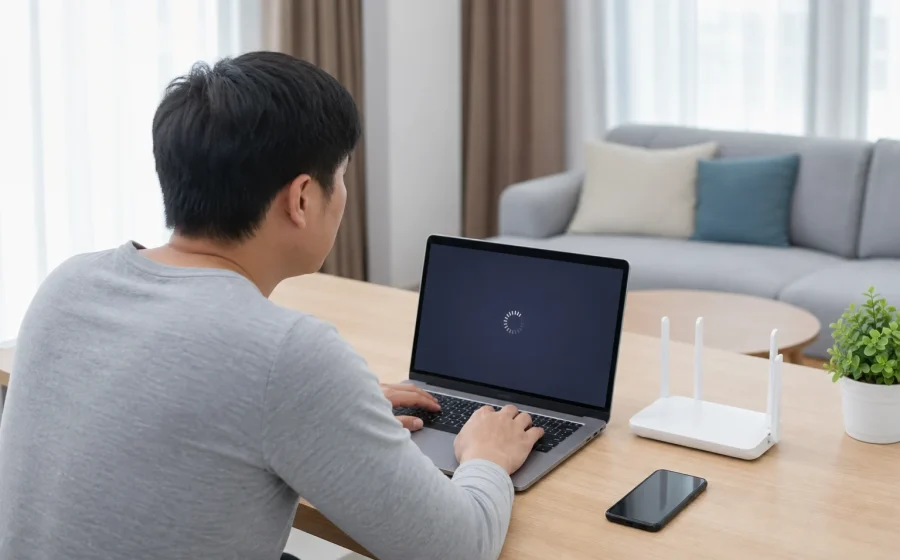 使用筆記型電腦檢查線上遊戲載入狀況的情境