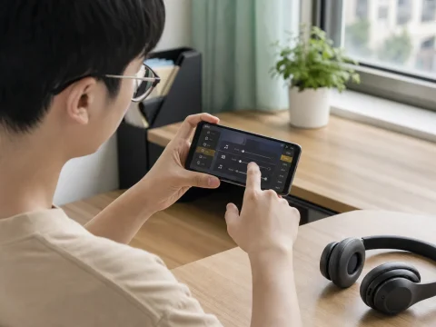 使用者在乾淨桌面上調整手機的音效設定
