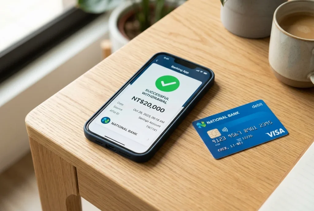 智慧型手機螢幕顯示資金成功提領與銀行卡桌面情境