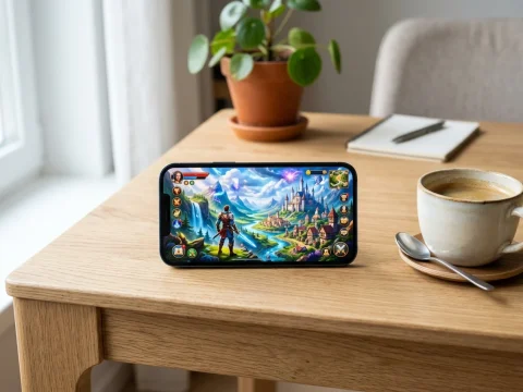 手機螢幕呈現細緻遊戲畫面與高畫質模式效能檢視