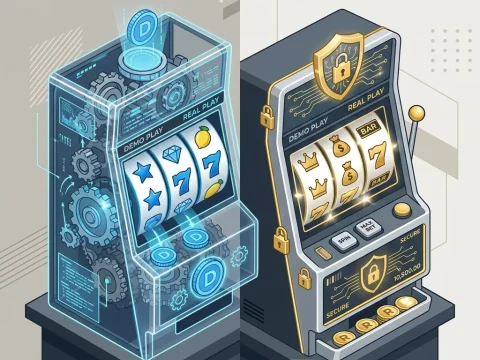 Slot遊戲免費模式與真實模式運作機制與資料架構對比概念圖