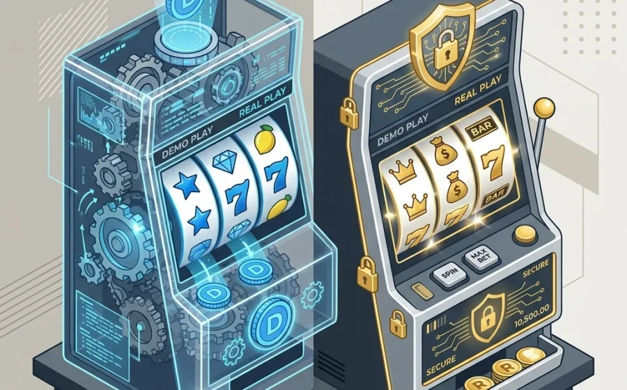 Slot遊戲免費模式與真實模式運作機制與資料架構對比概念圖