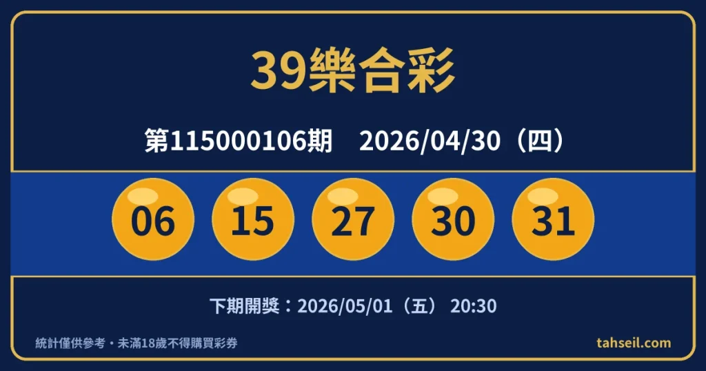 39樂合彩第115000106期開獎號碼｜2026-04-30 開獎號碼圖