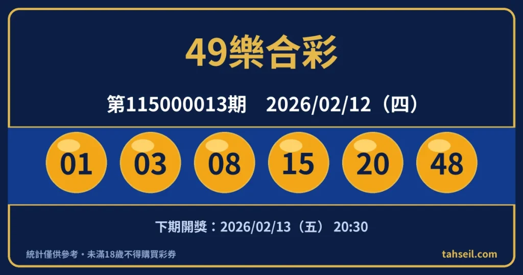 49樂合彩第115000013期開獎號碼｜2026-02-12 開獎號碼圖