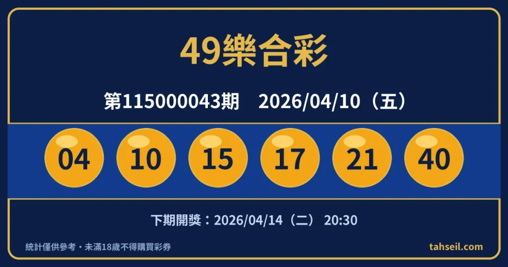 49樂合彩第115000043期開獎號碼｜2026-04-10 開獎號碼圖