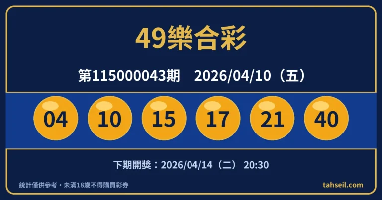 49樂合彩第115000043期開獎號碼｜2026-04-10 開獎號碼圖