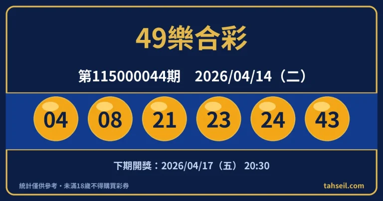 49樂合彩第115000044期開獎號碼｜2026-04-14 開獎號碼圖