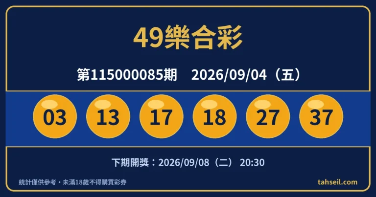 49樂合彩第115000085期開獎號碼｜2026-09-04 開獎號碼圖