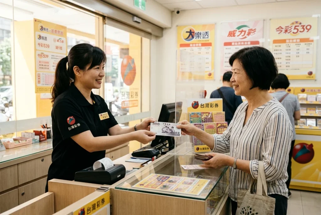彩券行櫃台領取中獎獎金現金的自然光寫實畫面