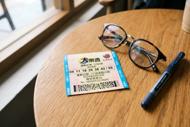 台灣彩券投注單與對獎筆平放於木質桌面上