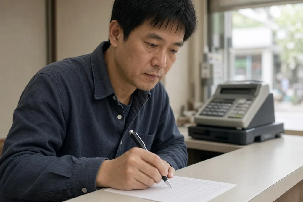 玩家在投注站櫃檯以自然光核對選號單