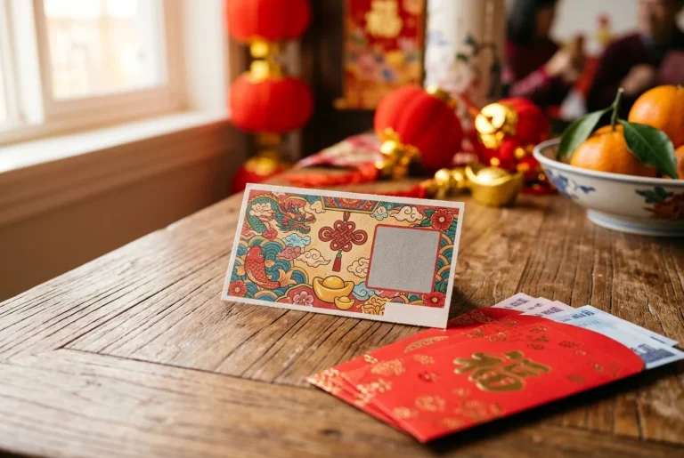 台灣大樂透彩券與新年紅包放置於木質桌面，象徵春節百萬大紅包加碼活動