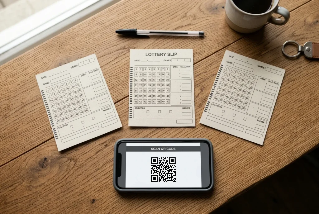 放在木質櫃檯上的彩券投注單與手機QR Code選號介面