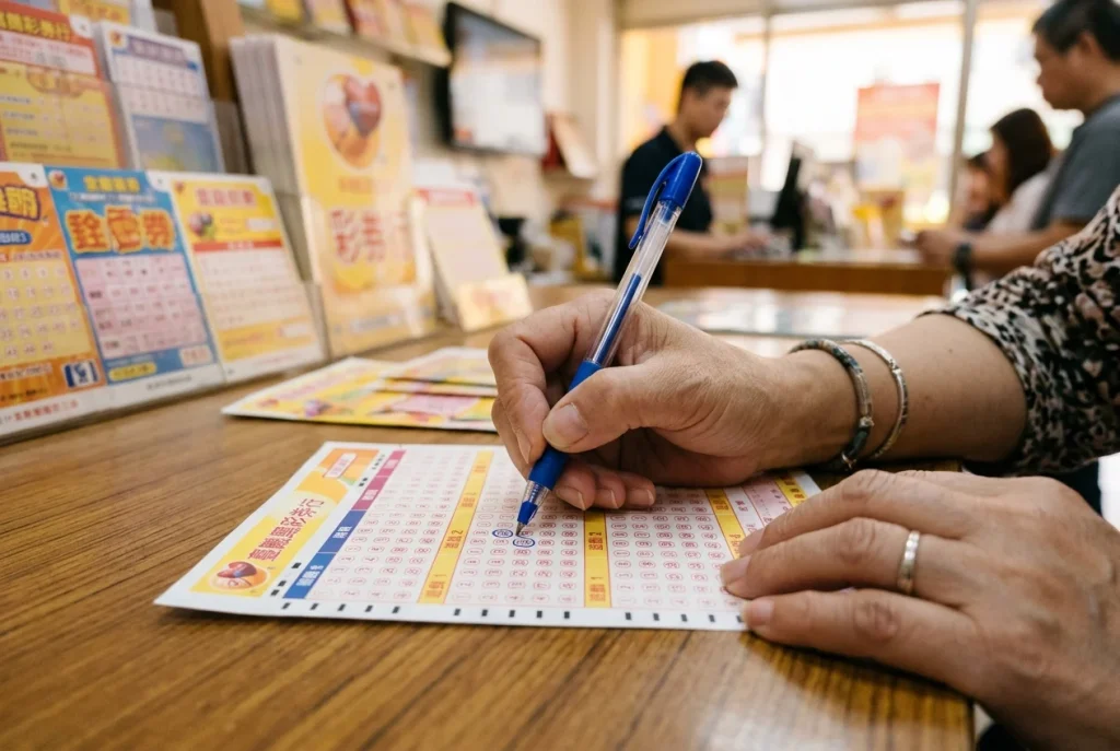 民眾在彩券行內使用原子筆劃選威力彩投注單的過程
