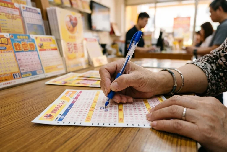 民眾在彩券行內使用原子筆劃選威力彩投注單的過程