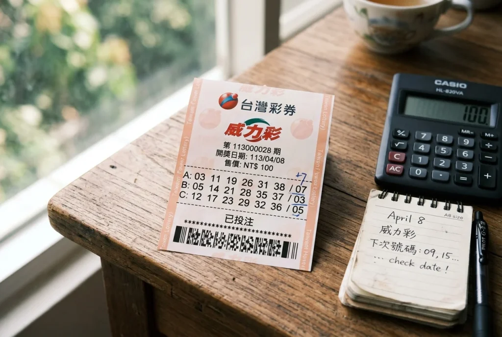 置於木質桌面上的威力彩彩券與計算機，呈現自然採光的中獎試算氛圍