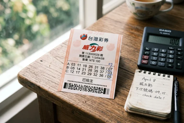 置於木質桌面上的威力彩彩券與計算機，呈現自然採光的中獎試算氛圍