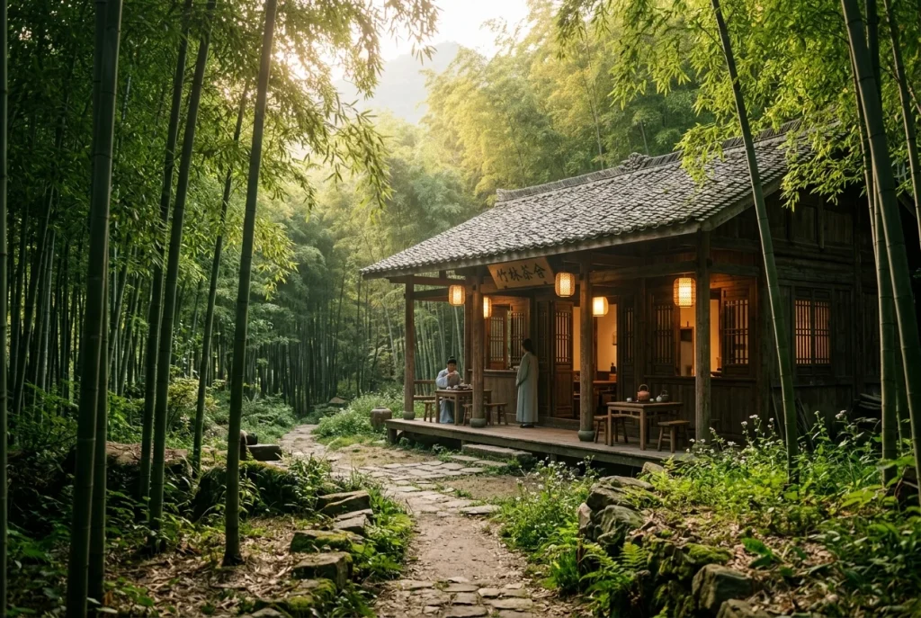 展現古典武俠遊戲風格氛圍的清晨竹林與傳統建築寫實場景